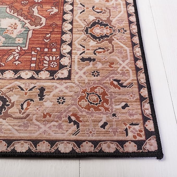 SAFAVIEH Washable Rug Tucson Collection - 4' Square, Aqua & Rust, Slip Resistant & Easy to Clean, Ideal for Foyer, Kitchen, Nursery, Office, Bedroom (TSN150J)