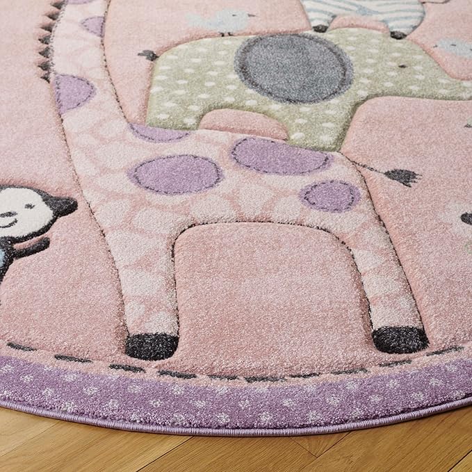 SAFAVIEH Carousel Kids Collection Area Rug - 6'7" Round, Blush Pink, Animal Design, Easy Care & Non-Shedding, Ideal for High Traffic Areas for Boys & Girls in Playroom, Nursery (CRK120U-7R)