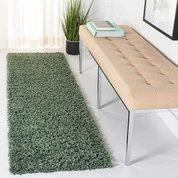 SAFAVIEH August Shag Collection Runner Rug - 2' x 9', Green, Solid Design, Non-Shedding & Easy Care, 1.5-inch Thick Ideal for High Traffic Areas in Living Room, Bedroom (AUG200Y)