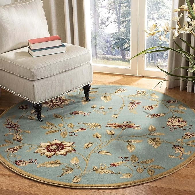 SAFAVIEH Lyndhurst Collection Area Rug - 5'3" Round, Blue & Multi, Traditional Floral Design, Non-Shedding & Easy Care, Ideal for High Traffic Areas in Living Room, Bedroom (LNH552-6591)