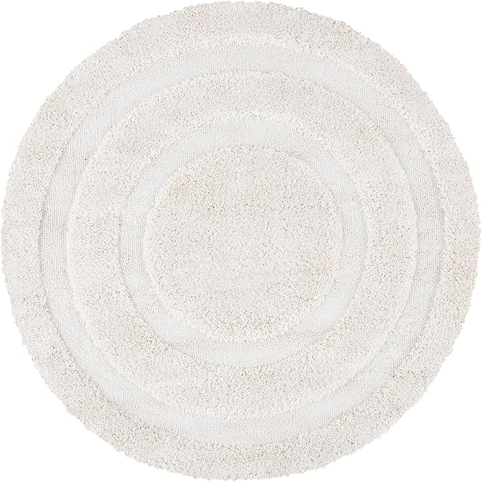 SAFAVIEH Florida Shag Collection Area Rug - 5' Round, Creme & Creme, Border Design, Non-Shedding & Easy Care, 1.2-inch Thick Ideal for High Traffic Areas in Living Room, Bedroom (SG454-1111)