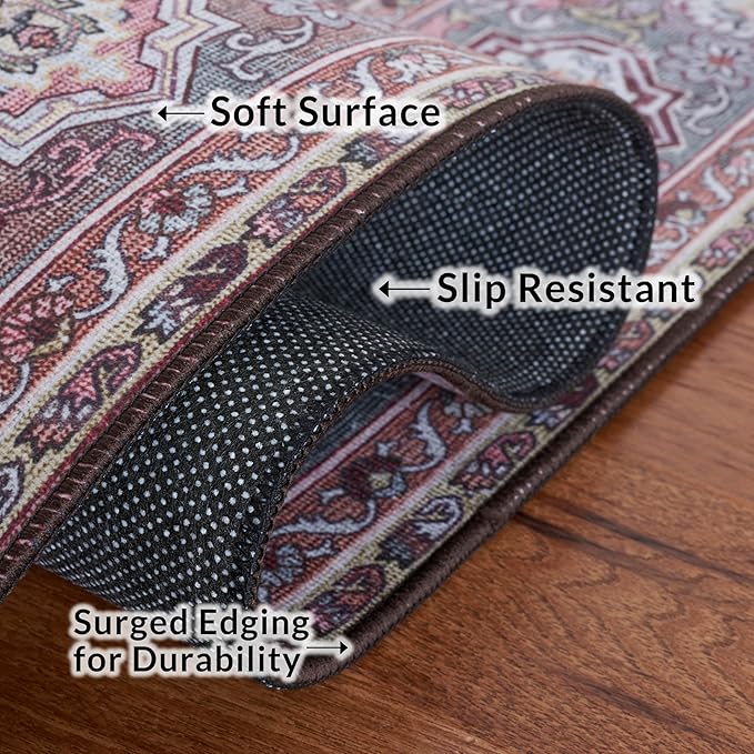 SAFAVIEH Washable Rug Tucson Collection - 2'6" x 6' Runner, Pink & Beige, Slip Resistant & Easy to Clean, Ideal for Hallway, Foyer, Entryway, Bedroom (TSN144U)