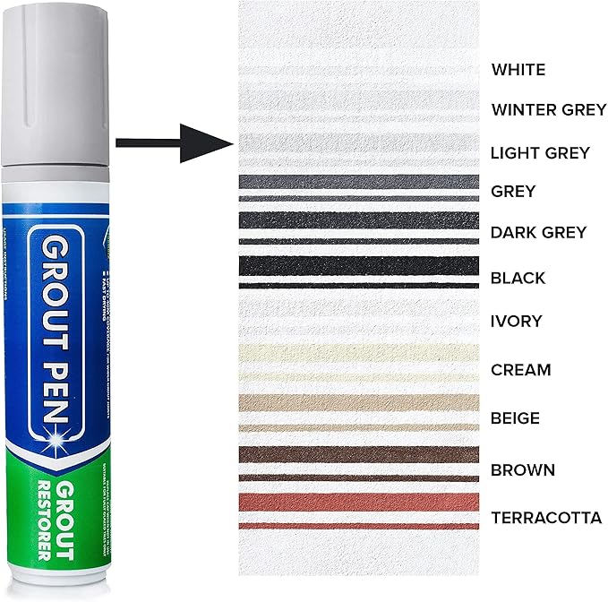 Grout Pen Tile Paint Marker: Waterproof Grout Colorant and Sealer Pen to Renew, Repair, and Refresh Tile Grout - Cleaner Coating Stain Pens - 2 Pack, 15mm Wide Light Grey and 5mm Narrow White Tip