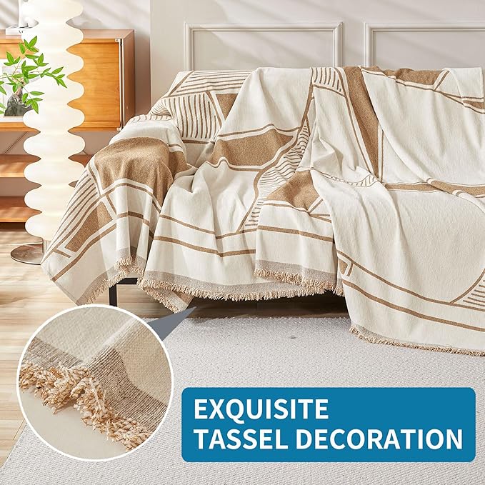 HAOMAIJIA Non Slip Couch Cover - Washable Sofa Covers for 2 Cushion Sectional Couch, Dog & Pet Furniture Protector Blanket for Living Room (Brown-Cream, 71"x118")