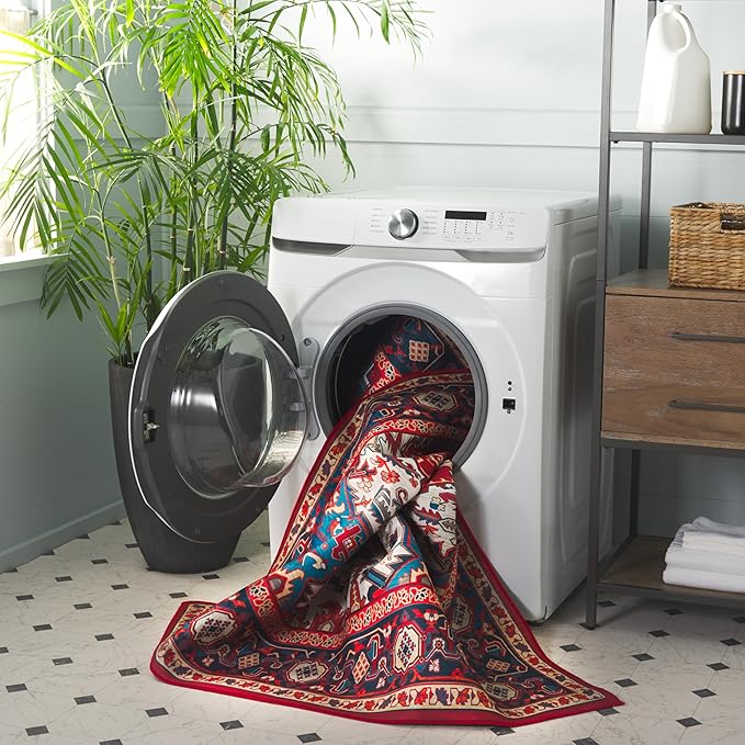 SAFAVIEH Washable Rug Tucson Collection - 2'6' x 8' Runner, Red & Blue, Slip Resistant & Easy to Clean, Ideal for Hallway, Foyer, Entryway, Bedroom (TSN101Q)