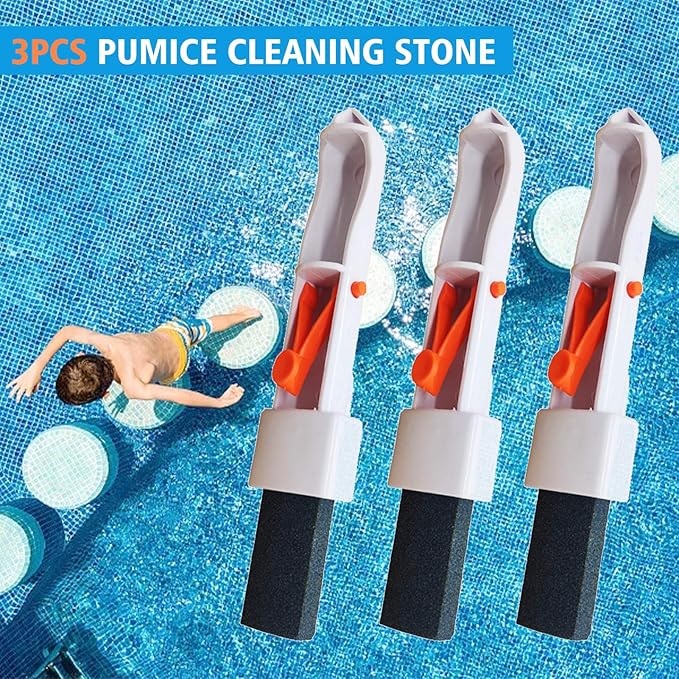 Tough Stain Remover Pool Pumice Stone, 3-Pack Non-Slip Clip-On Handle, Saves Scrubbing Time for Homeowners – Cleans Pools, Hot Tubs & Toilet Bowl Rings