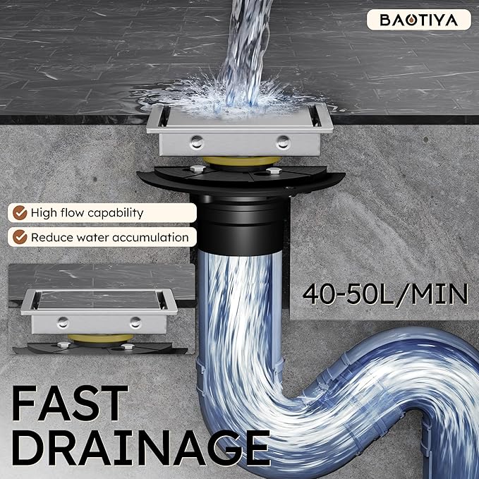 6 Inch Brushed Nickel Square Shower Drain with Flange,Modern Floor Drain with 2-in-1 Cover Tiled Insert Grate,SUS 304 Stainless Steel