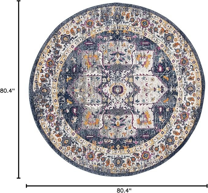 SAFAVIEH Evoke Collection Area Rug - 6'7" Round, Navy & Grey, Oriental Medallion Distressed Design, Non-Shedding & Easy Care, Ideal for High Traffic Areas in Living Room, Bedroom (EVK275N)