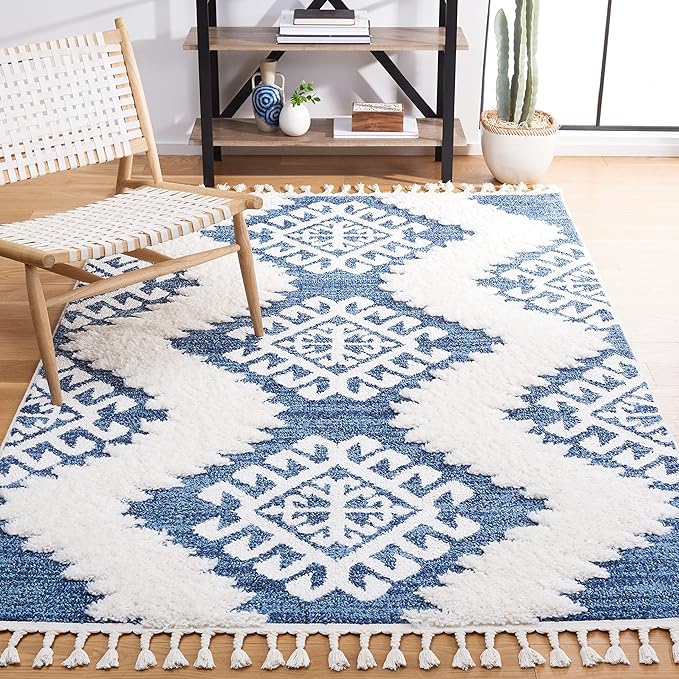 SAFAVIEH Moroccan Tassel Shag Collection Accent Rug - 4' x 6', Blue & Ivory, Boho Design, Non-Shedding & Easy Care, 2-inch Thick Ideal for High Traffic Areas in Foyer, Living Room, Bedroom (MTS652M)