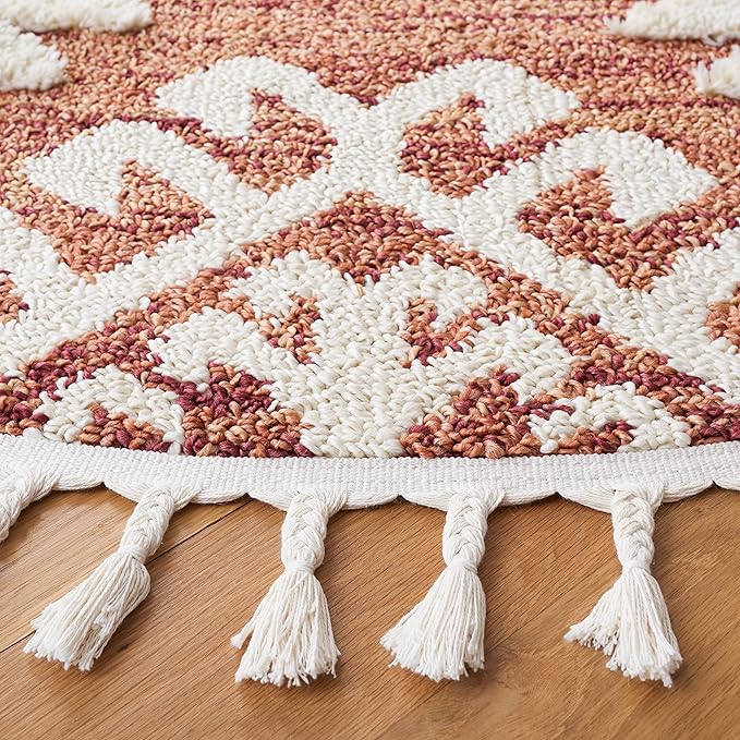 SAFAVIEH Moroccan Tassel Shag Collection Area Rug - 6'7" Round, Orange & Ivory, Boho Design, Non-Shedding & Easy Care, 2-inch Thick Ideal for High Traffic Areas in Living Room, Bedroom (MTS652P)