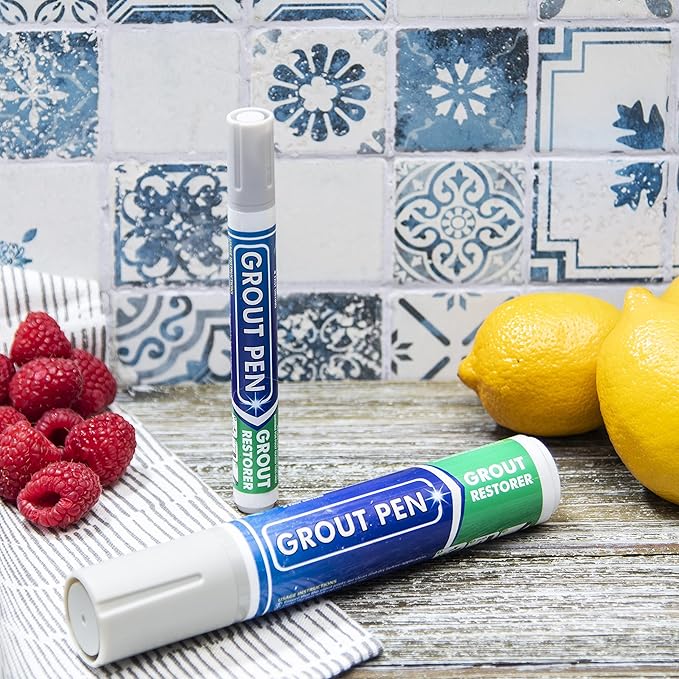 Grout Pen Tile Paint Marker: Waterproof Grout Colorant and Sealer Pen to Renew, Repair, and Refresh Tile Grout - Cleaner Coating Stain Pens - 2 Pack, 15mm Wide Winter Grey and 5mm Narrow White Tip