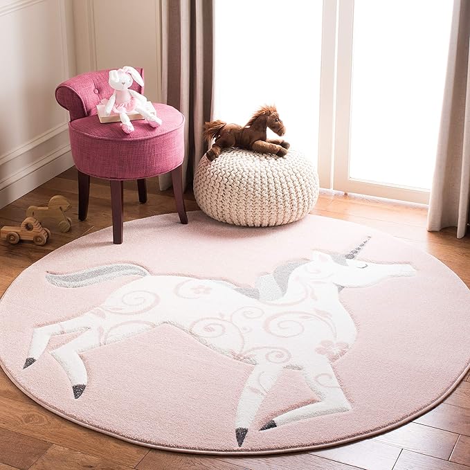 SAFAVIEH Carousel Kids Collection 3' Round Pink/Ivory CRK163P Unicorn Non-Shedding Nursery Playroom Area Rug
