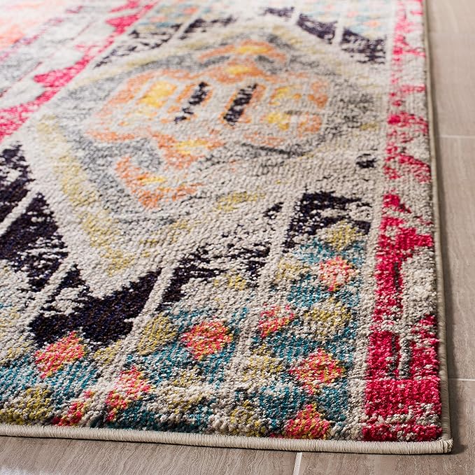 SAFAVIEH Monaco Collection Area Rug - 9' x 12', Light Grey & Multi, Boho Chic Tribal Distressed Design, Non-Shedding & Easy Care, Ideal for High Traffic Areas in Living Room, Bedroom (MNC222G)