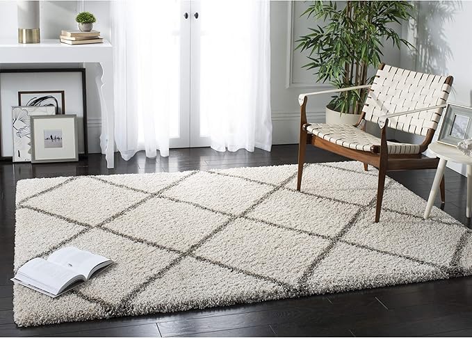 SAFAVIEH Hudson Shag Collection Accent Rug - 3' x 5', Ivory & Grey, Modern Trellis Design, Non-Shedding & Easy Care, 2-inch Thick Ideal for High Traffic Areas in Foyer, Living Room, Bedroom (SGH281A)