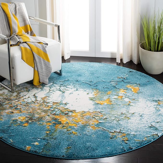 SAFAVIEH Glacier Collection 3' Round Blue/Gold GLA125M Modern Abstract Non-Shedding Living Room Bedroom Area Rug