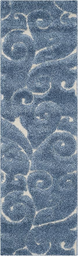 SAFAVIEH Florida Shag Collection Runner Rug - 2'3" x 7', Light Blue & Cream, Scroll Design, Non-Shedding & Easy to Clean, High-Low Plush Pile, Ideal for Bedroom, Foyer, Hallway (SG455-6011)