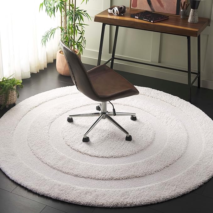SAFAVIEH Florida Shag Collection Area Rug - 8' Round, Creme/Creme, Geometric Design, Plush 1.2 Inch Thick Ideal for High Traffic Areas in Living Room, Bedroom, Dining (SG454-1111)