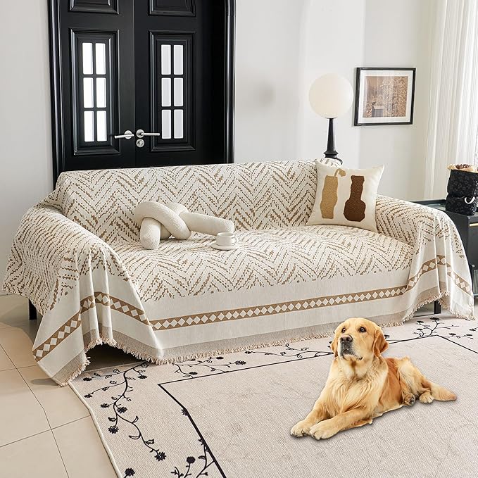 HAOMAIJIA Non Slip Couch Cover Sofa Covers for 3 Cushion Couch Washable sectional Couch Covers for Dogs pet Furniture Protector Couch Cover Blanket for Living Room (MR-Khaki, 71"x134")