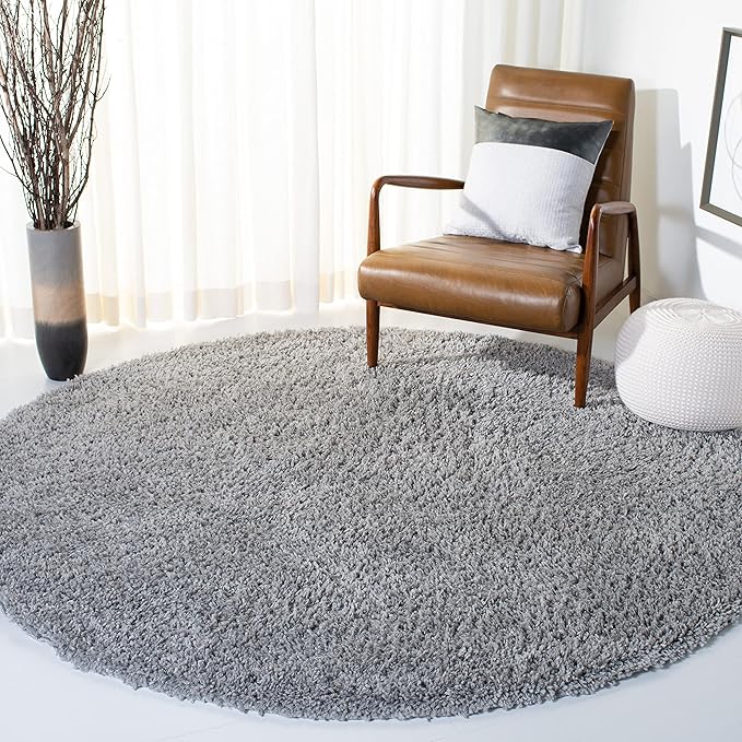 SAFAVIEH August Shag Collection 4' Round Silver AUG200G Solid Non-Shedding Living Room Bedroom Dining Room Entryway Plush 1.5-inch Thick Area Rug