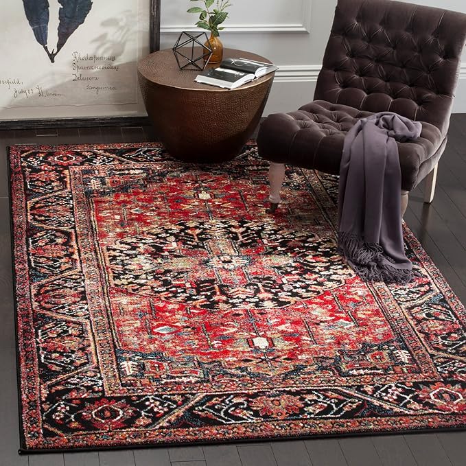 SAFAVIEH Vintage Hamadan Collection Area Rug - 6'7" Square, Red & Multi, Oriental Traditional Persian Design, Non-Shedding & Easy Care, Ideal for High Traffic Areas in Living Room, Bedroom (VTH215A)