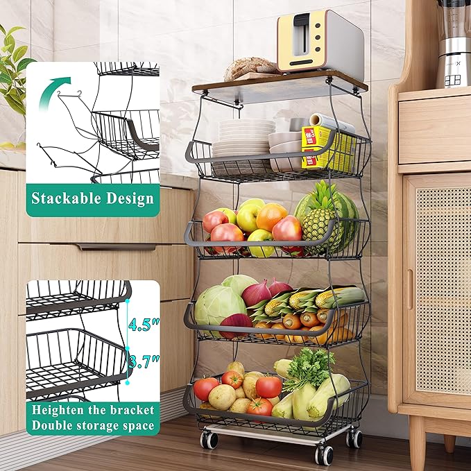 SAYZH Fruit Basket Kitchen Pantry Organizers and Storage - Wooden Top Table, Stackable Metal Wire Basket Stand Cart for Fruit Vegetable Snacks Onion Potato Organization, Black
