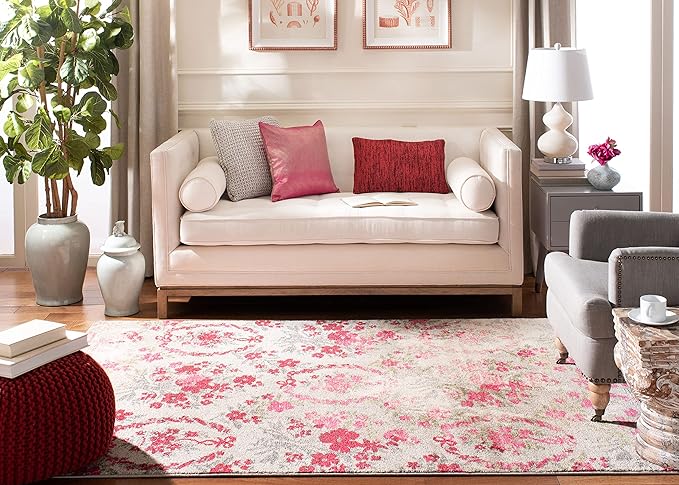SAFAVIEH Monaco Collection Area Rug - 5'1" x 7'7", Ivory & Pink, Floral Design, Non-Shedding & Easy Care, Ideal for High Traffic Areas in Living Room, Bedroom (MNC205R)