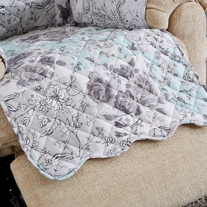 Great Bay Home Reversible Floral Patchwork Furniture Protector - Machine Washable, Scalloped Edge, Stain Resistant, Printed Furniture Cover for Dogs, Kids, and Pets (Recliner, Gray/Aqua)