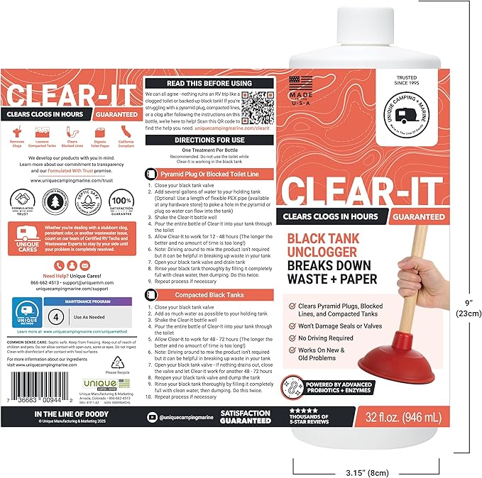 Unique Clear-It RV Black Tank Unclogger Liquid - Breaks Through Pyramid Plugs, Compacted Tanks, and Clogged Pipes (32 oz)