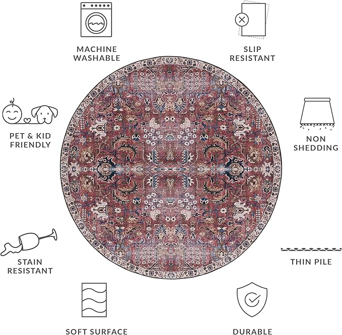 SAFAVIEH Washable Rug Tucson Collection - 6' Round, Red & Beige, Slip Resistant & Easy to Clean, Ideal for Living Room, Bedroom, Dining Space (TSN174Q)
