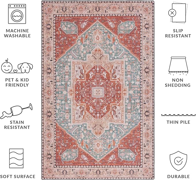SAFAVIEH Washable Rug Tucson Collection - 3' x 5', Aqua & Rust, Slip Resistant & Easy to Clean, Ideal for Foyer, Entryway, Kitchen, Bedroom (TSN150J)