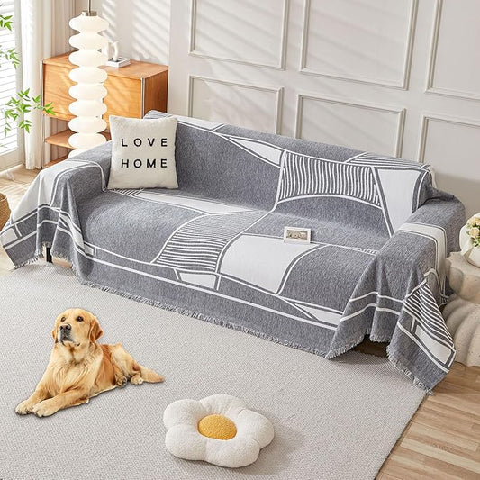 HAOMAIJIA Non Slip Couch Cover Sofa Covers for 3 Cushion Couch Washable sectional Couch Covers for Dogs pet Furniture Protector Couch Cover Blanket for Living Room (Grey-Cream, 91"x134")