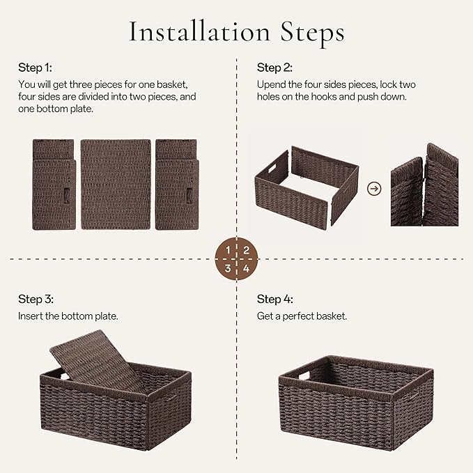 joybest Wicker Storage Baskets, Set of 4 Hand-Woven Paper Rope Dark Brown Baskets for Organizing, Foldable Rectangular Storage Organizer Bins for Shelves with Handles 13.4L x 8.3W x 7.1H