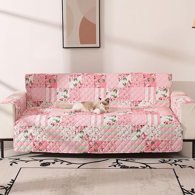 Skidproof Sofa Cover-Floral Sofa Slipcover with Elastic Straps-Easy Fit Slip Cover-Washable Furniture Protector for Pets and Kids(Loveseat,Pink)