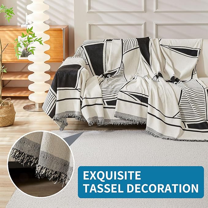 HAOMAIJIA Non Slip Couch Cover Sofa Covers for 2 Cushion Couch Washable sectional Couch Covers for Dogs pet Furniture Protector Couch Cover Blanket for Living Room (Black-Cream, 71"x118")