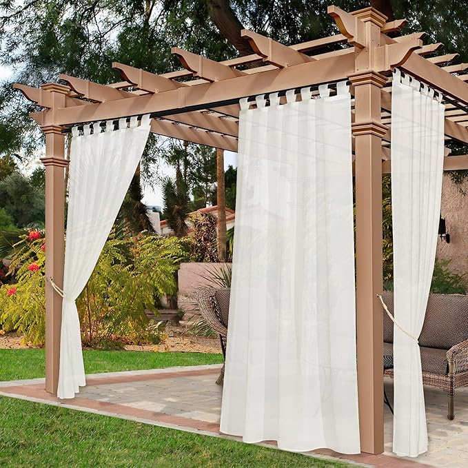 NICETOWN 2 Panels Indoor Outdoor Sheer Curtains for Patio Waterproof, Detachable Sticky Tab Top Elegant & Lightweight Soft Sheer Drapes for Pergola/Gazebo, Ivory, W54 x L84