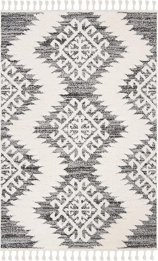 SAFAVIEH Moroccan Tassel Shag Collection Area Rug - 5'3" x 7'6", Ivory & Grey, Boho Design, Non-Shedding & Easy Care, 2-inch Thick Ideal for High Traffic Areas in Living Room, Bedroom (MTS652F)