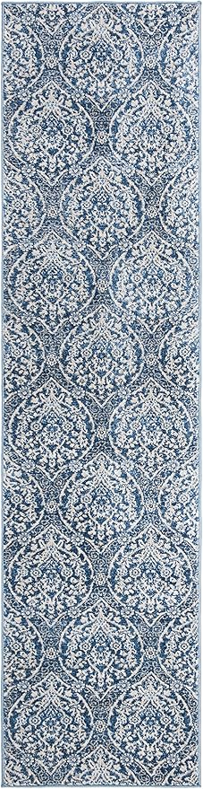 SAFAVIEH Brentwood Collection 2' x 12' Navy / Light Grey BNT860M Floral Damask Ogee Trellis Non-Shedding Living Room Bedroom Runner Rug