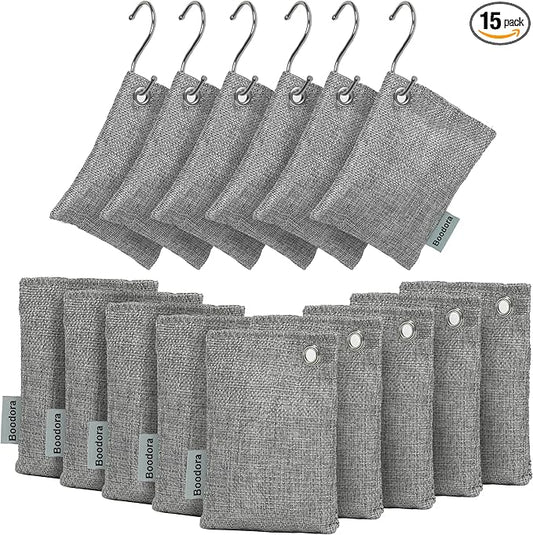 Activated Charcoal Bags Air Purifying 15 Pack, Bamboo Charcoal Odor Absorber for Home Closet Car Shoes, 70g Gray, Natural Odor Neutralizer, Moisture Absorber, Reusable up to 2 Years, 6 Hooks