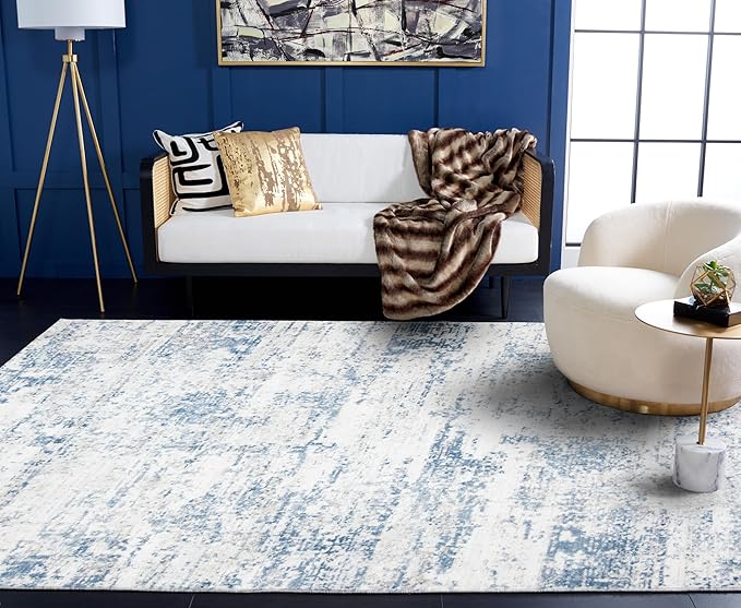 SAFAVIEH Amelia Collection Area Rug - 8' x 10', Ivory & Blue, Modern Abstract Design, Non-Shedding & Easy Care, Ideal for High Traffic Areas in Living Room, Bedroom (ALA700A)