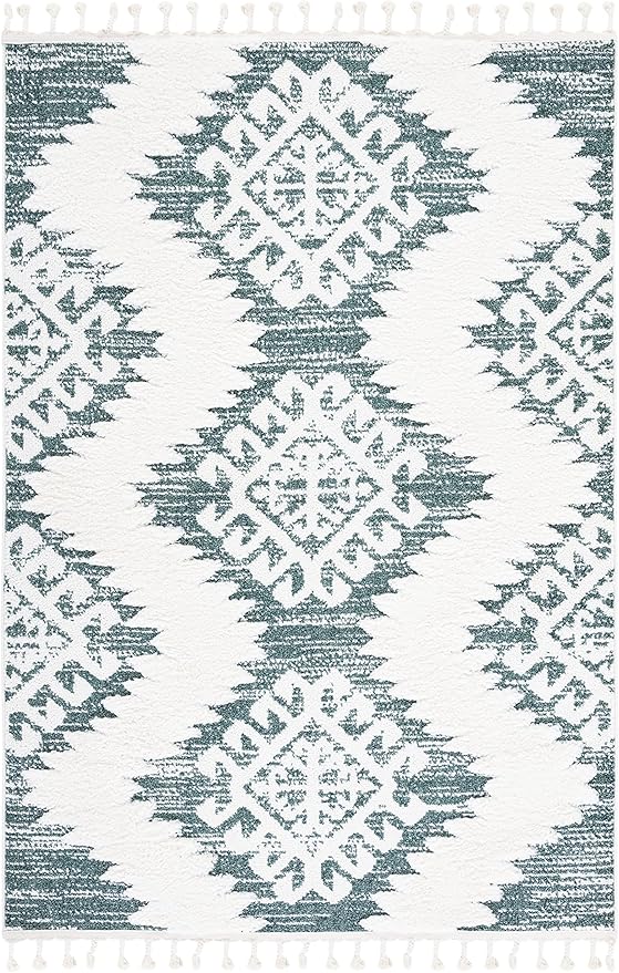 SAFAVIEH Moroccan Tassel Shag Collection Accent Rug - 4' x 6', Green & Ivory, Boho Design, Non-Shedding & Easy Care, 2-inch Thick Ideal for High Traffic Areas in Foyer, Living Room, Bedroom (MTS652Y)