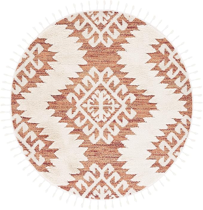 SAFAVIEH Moroccan Tassel Shag Collection Area Rug - 6'7" Round, Orange & Ivory, Boho Design, Non-Shedding & Easy Care, 2-inch Thick Ideal for High Traffic Areas in Living Room, Bedroom (MTS652P)