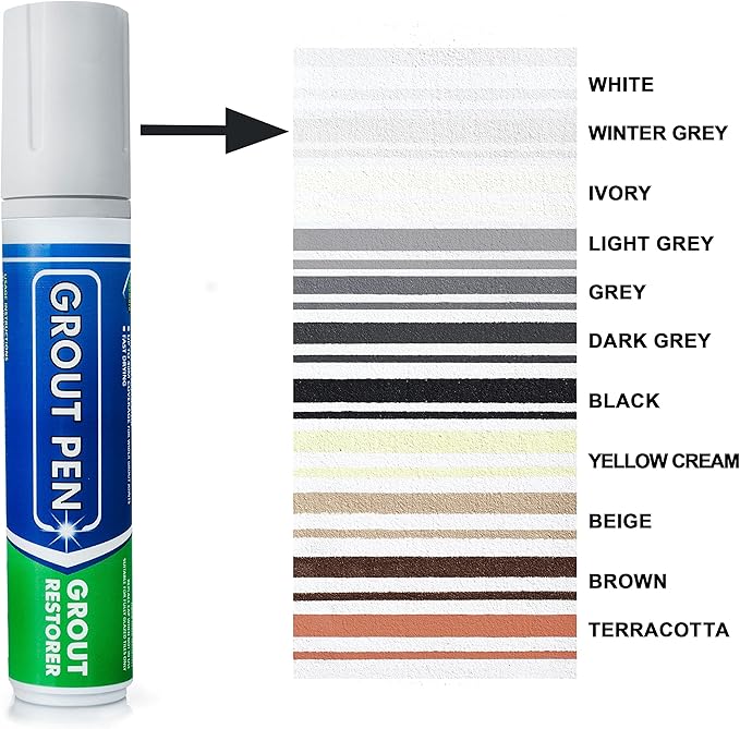 Grout Pen Tile Paint Marker: Winter Grey with 5 Pack Replacement Tips (Wide, 15mm) - Waterproof Grout Colorant and Sealer Pen to Renew, Repair, and Refresh Tile Grout - Cleaner Coating Stain Pens