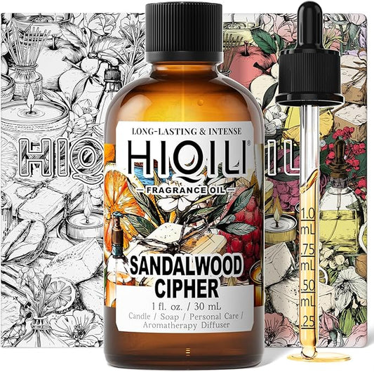 HIQILI Sandalwood Cipher Fragrance Oil for Diffuser, Candle & Soap, Perfume & Body Oil Making- Have Gourmand Notes, Long-Lasting - 1 Fl Oz