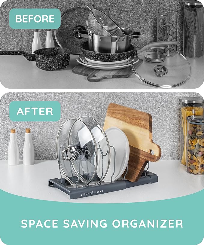 JULY HOME Expandable Pot and Pan Organizer Rack for Cabinet, Pot Lid Organizer Holder with 7 Adjustable Compartments, Cutting Board, Cookware, Bakeware & Frying Rack Organizer for Cabinet (Gray)