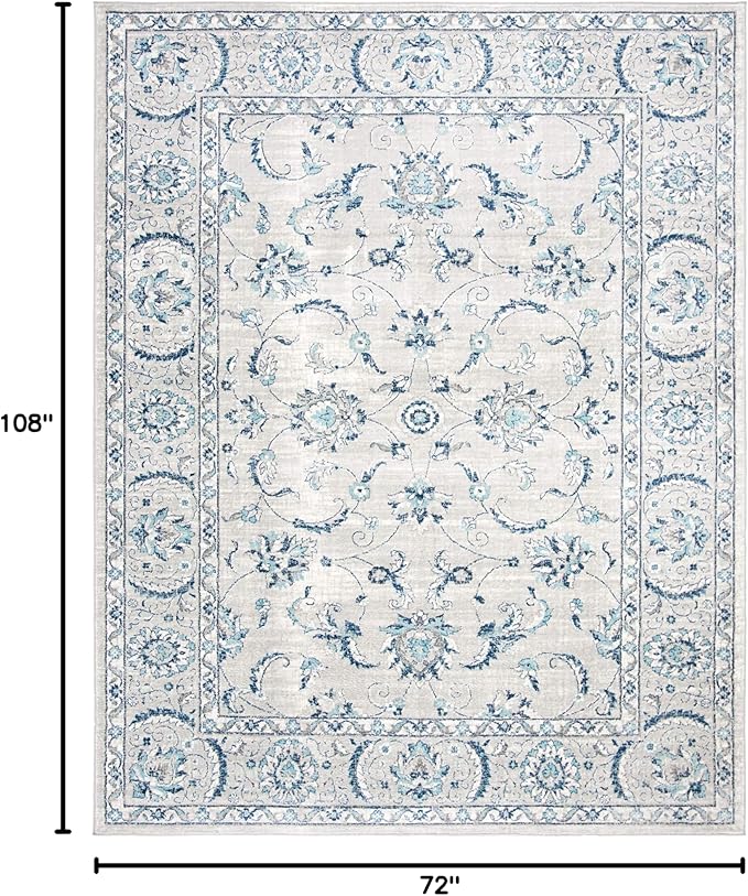 SAFAVIEH Brentwood Collection Area Rug - 6' x 9', Light Grey & Blue, Oriental Floral Scroll Design, Non-Shedding & Easy Care, Ideal for High Traffic Areas in Living Room, Bedroom (BNT854G)