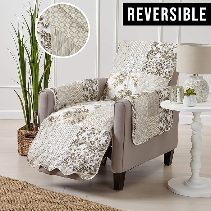 Great Bay Home Reversible Patchwork Recliner Chair Cover - Washable Slipcover Furniture Protector with Elastic Straps - Couch Cover for Dogs, Kids, and Pets - Box-Stitched Detail (Recliner, Taupe)