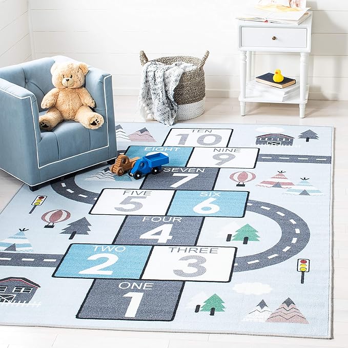 SAFAVIEH Washable Rug Kids Playhouse Collection - 6'7" Square, Grey & Blue, Slip Resistant & Easy to Clean, Ideal for Kids Room, Playroom, Nursery, Boys & Girls Room (KPH226F)