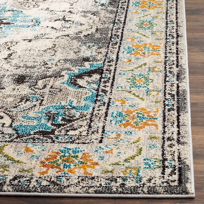 SAFAVIEH Monaco Collection Runner Rug - 2'2" x 16', Grey & Light Blue, Non-Shedding & Easy to Clean, Distressed Medallion Design, Ideal for Hallway, Foyer, Entryway, Kitchen, Bedroom (MNC243G)