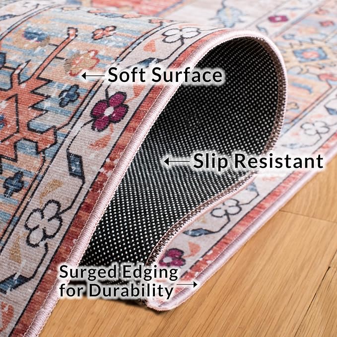 SAFAVIEH Washable Rug Tucson Collection - 2'6' x 8' Runner, Beige & Blue, Slip Resistant & Easy to Clean, Ideal for Hallway, Foyer, Entryway, Bedroom (TSN109B)