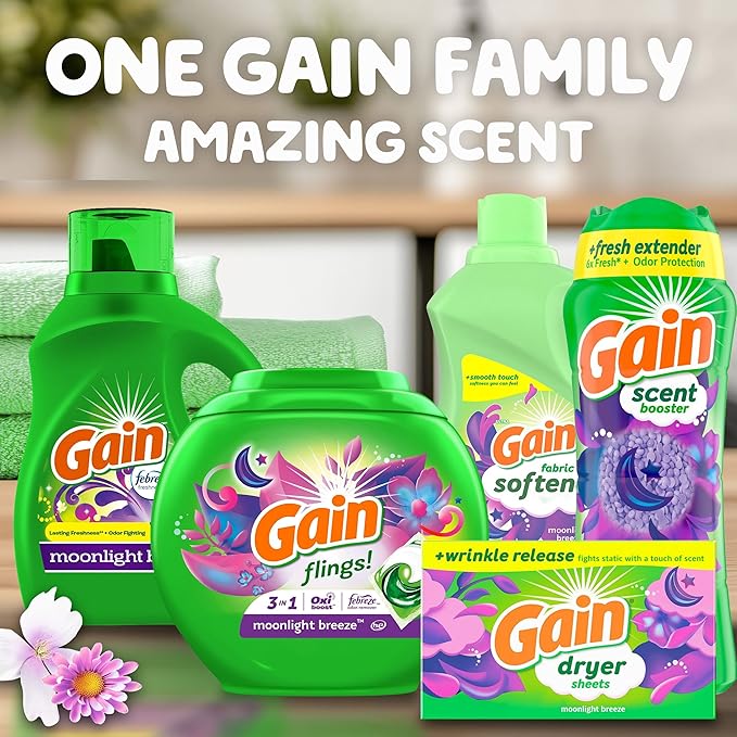 Gain Flings Laundry Detergent Pacs, 42 Count, Moonlight Breeze Scent, 3 in 1 HE Detergent Pacs with Oxi Boost and Febreeze